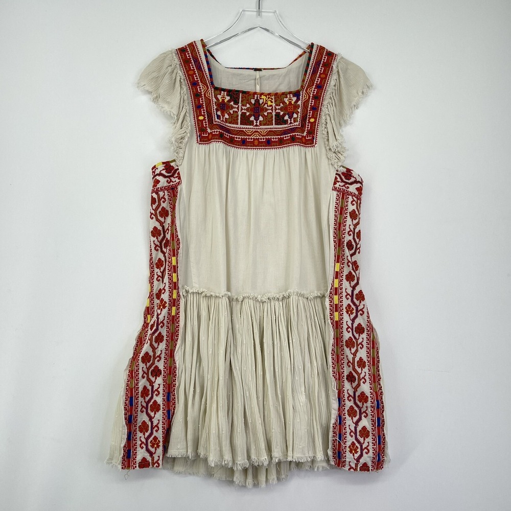Free People Small Womens Dress Beige Embroidered Print Open Back Short Sleeve